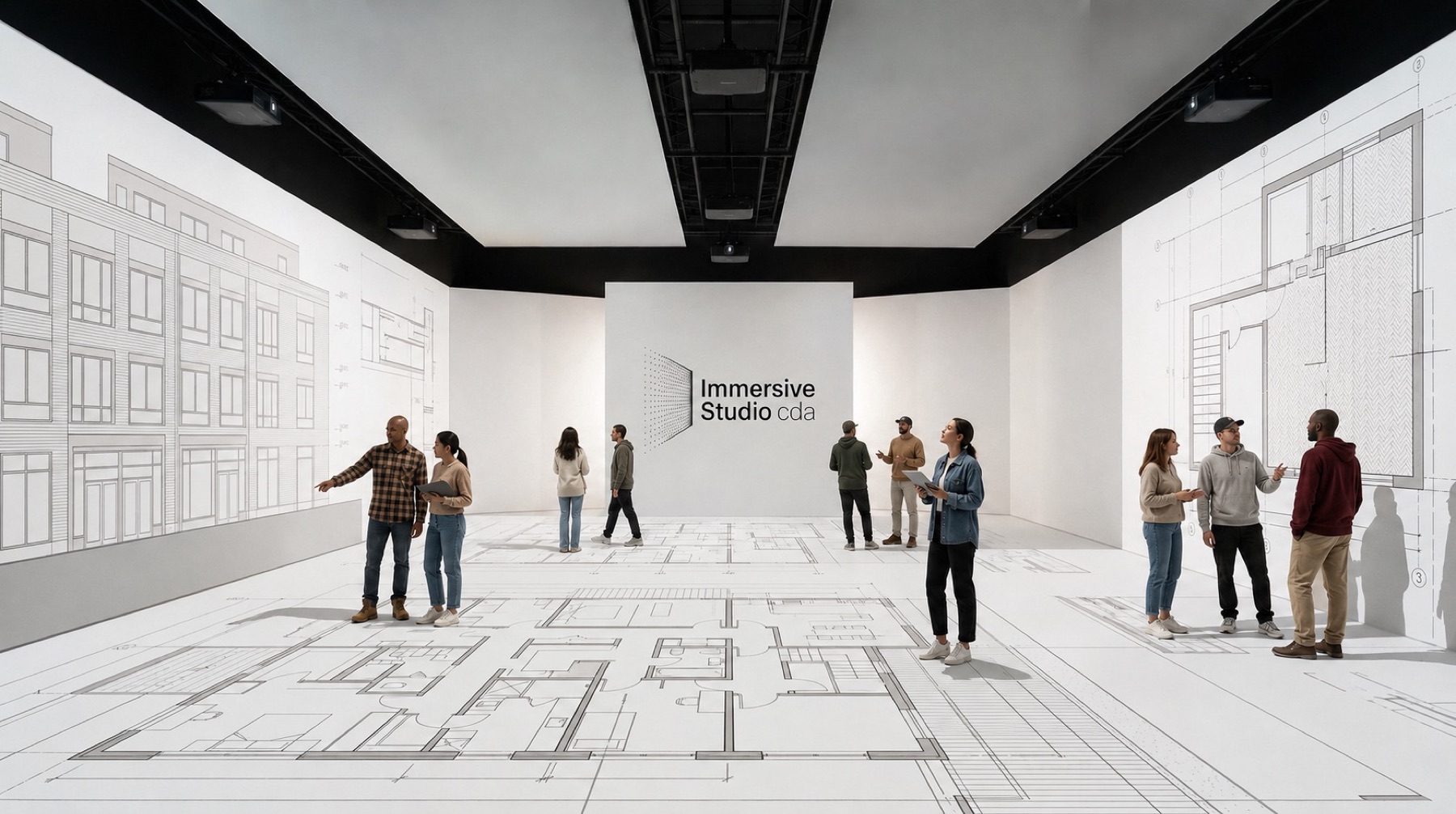 Concept render of the studio: floor plan projected across the floor at full scale, elevations on the walls, people walking the space